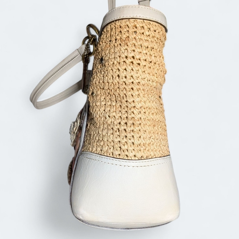 Coach Hampton Tote Peach Ivory White Straw Flower Handbag Large Metallic Basket - Picture 6 of 16